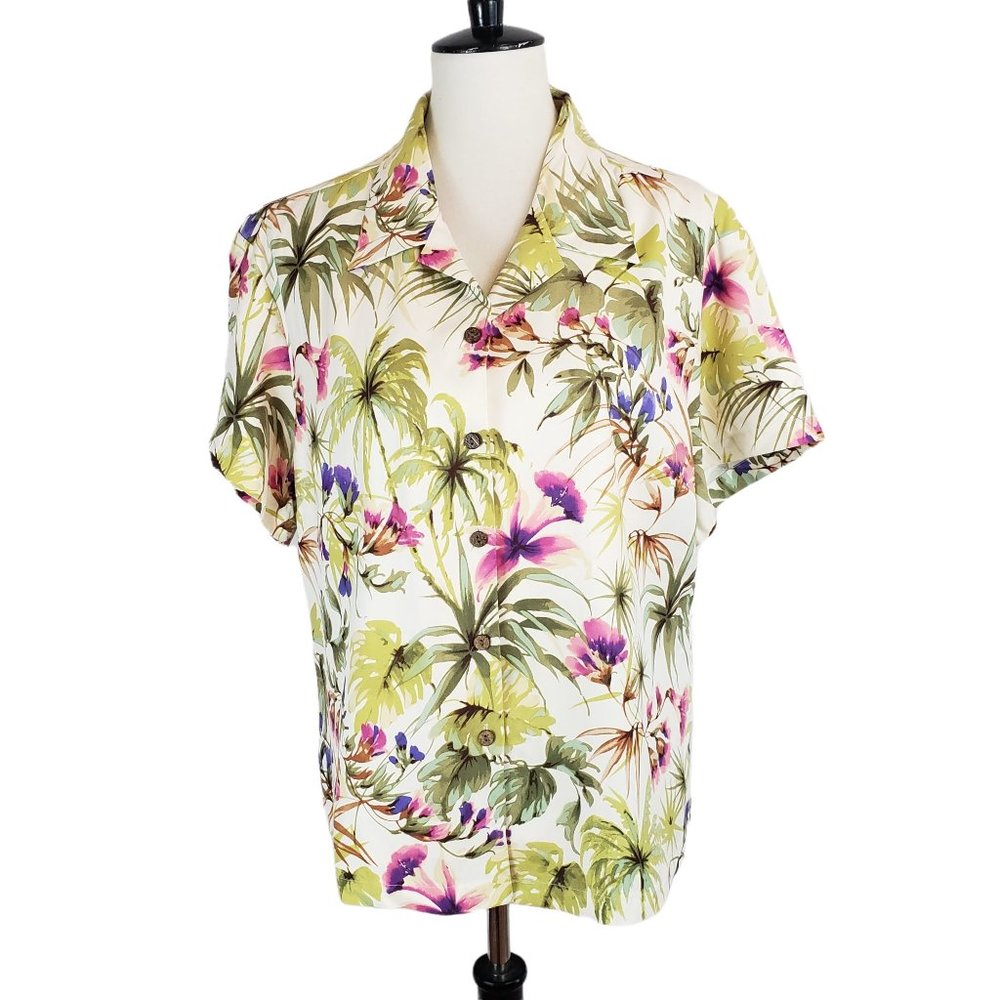Hilo Hattie Vintage Silk Hawaiian Tropical Print Button-up Size Large
